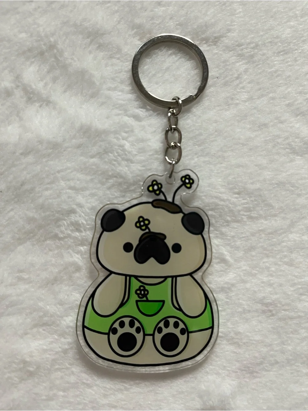 Pug fawn color Cute Pug Keychain - Green Pug Charm. Acrylic flat color.